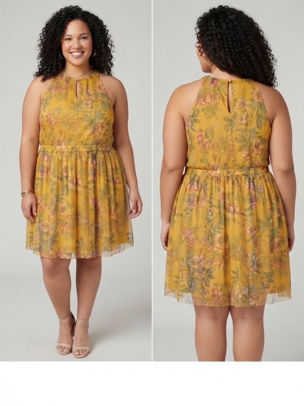 Candalite Women’s Plus Size 3X Yellow Floral Mesh Halter Dress. Wedding ready.